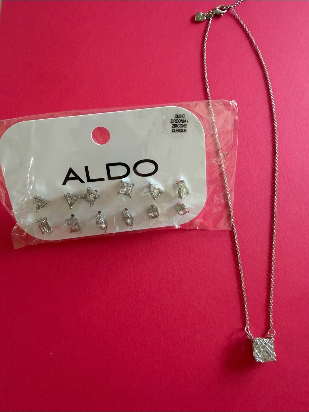 ALDO Silver Cubic Zirconia Earring Set with 8” adjustable Pendant Necklace